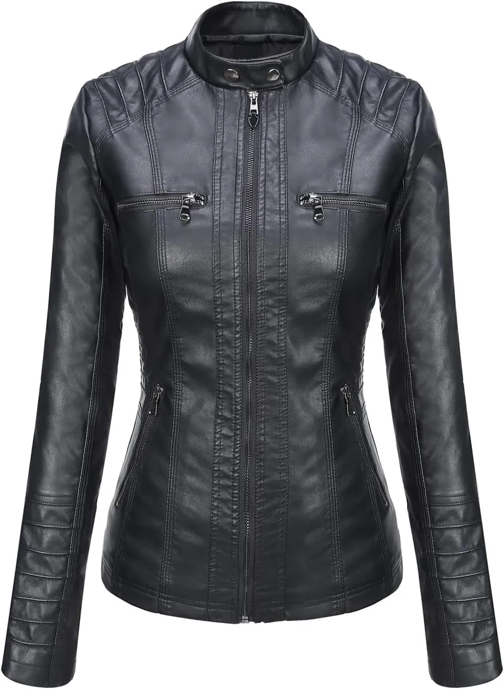 Springrain Women's Faux Leather Jacket Moto Biker Coat with Detachable Hood Motorcycle Jacket