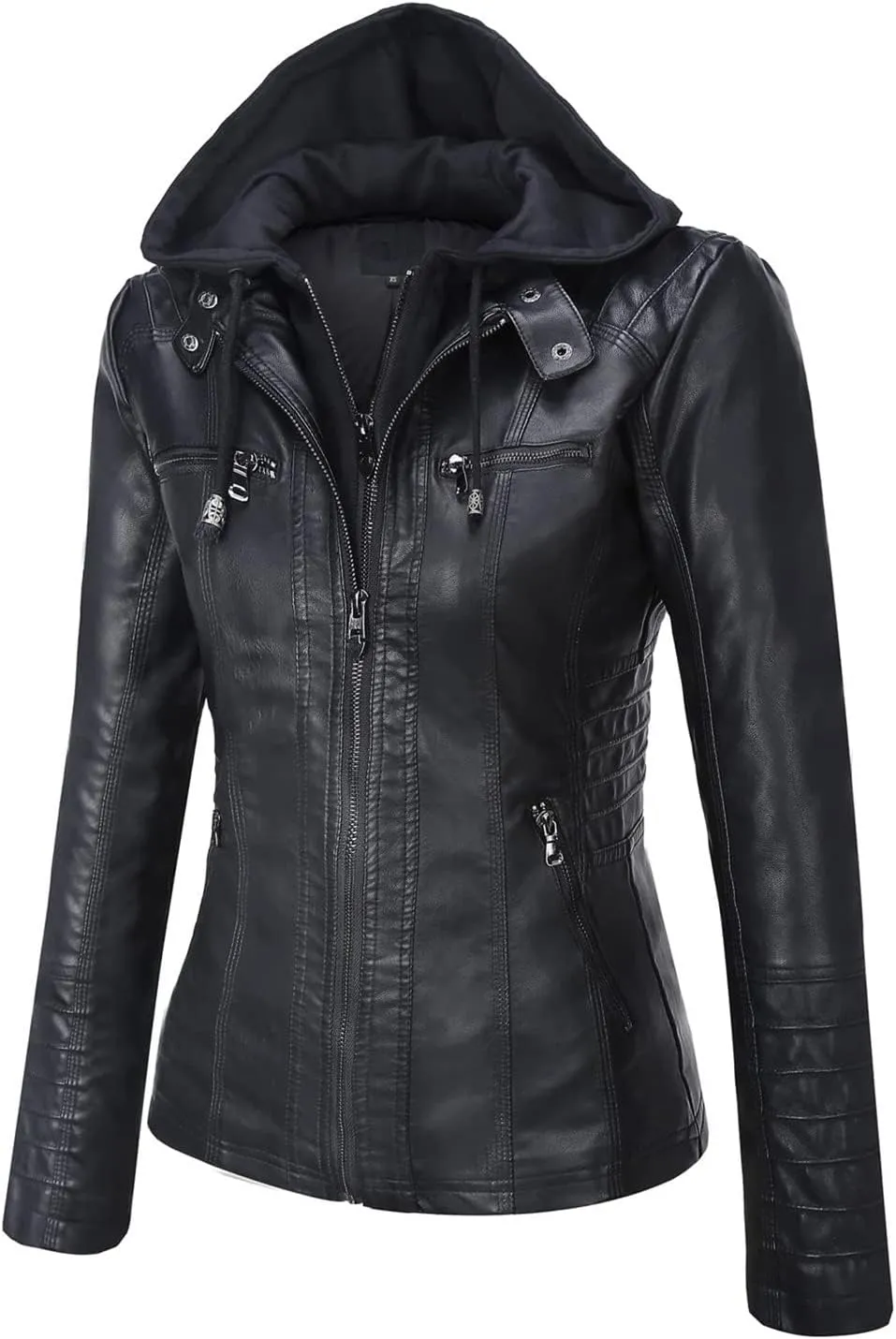 Springrain Women's Faux Leather Jacket Moto Biker Coat with Detachable Hood Motorcycle Jacket