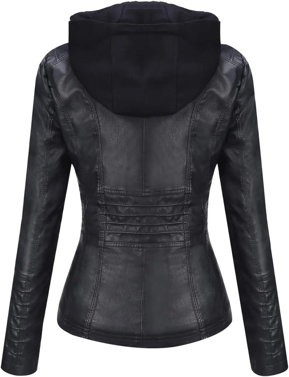 Springrain Women's Faux Leather Jacket Moto Biker Coat with Detachable Hood Motorcycle Jacket