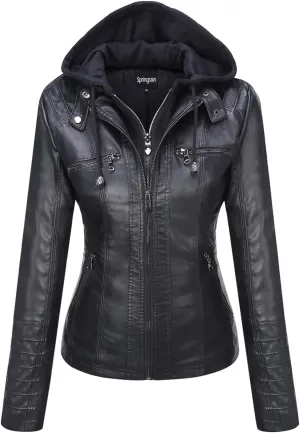 Springrain Women's Faux Leather Jacket Moto Biker Coat with Detachable Hood Motorcycle Jacket