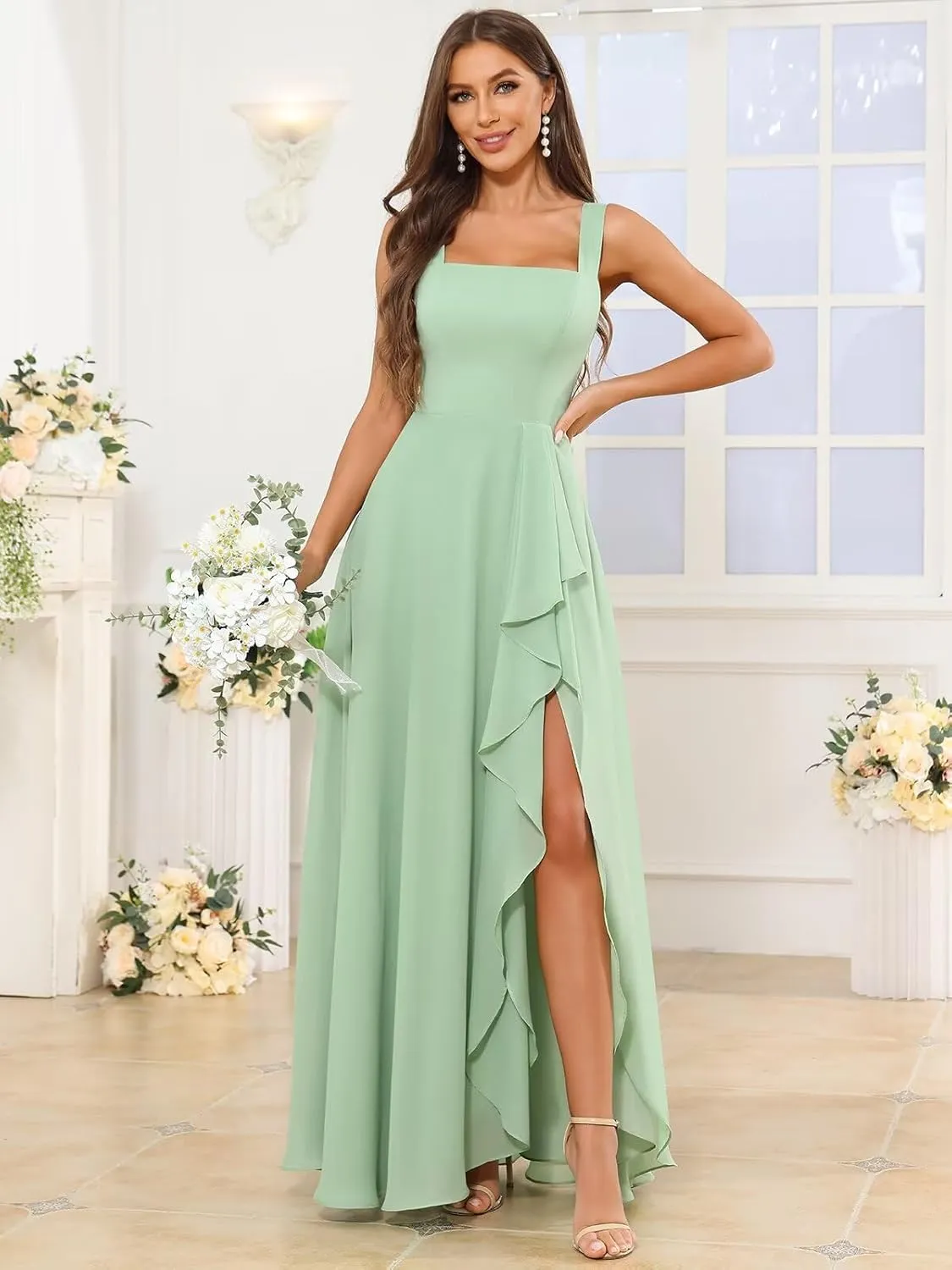 Square Neck Chiffon Bridesmaid Dresses Long with Slit for Women Ruffle A Line Formal Evening Dress