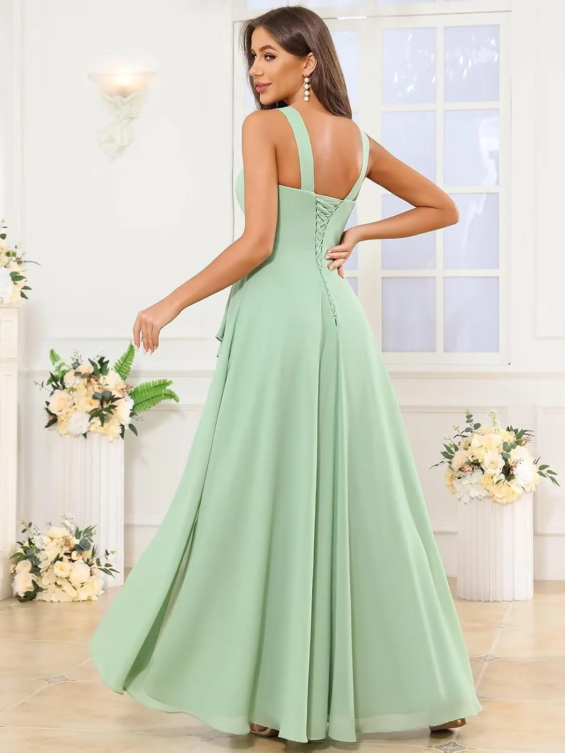 Square Neck Chiffon Bridesmaid Dresses Long with Slit for Women Ruffle A Line Formal Evening Dress