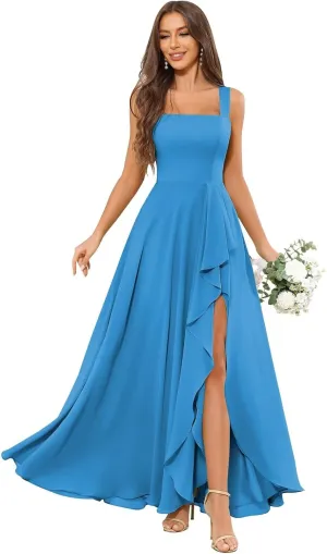 Square Neck Chiffon Bridesmaid Dresses Long with Slit for Women Ruffle A Line Formal Evening Dress