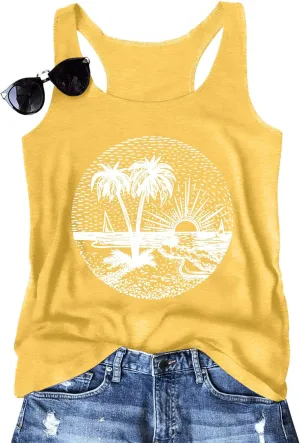 Summer Beach Tank Tops for Women Retro Sunshine Coconut Tree Graphic Sleeveless Tee Hawaiian Family Vacation Tops