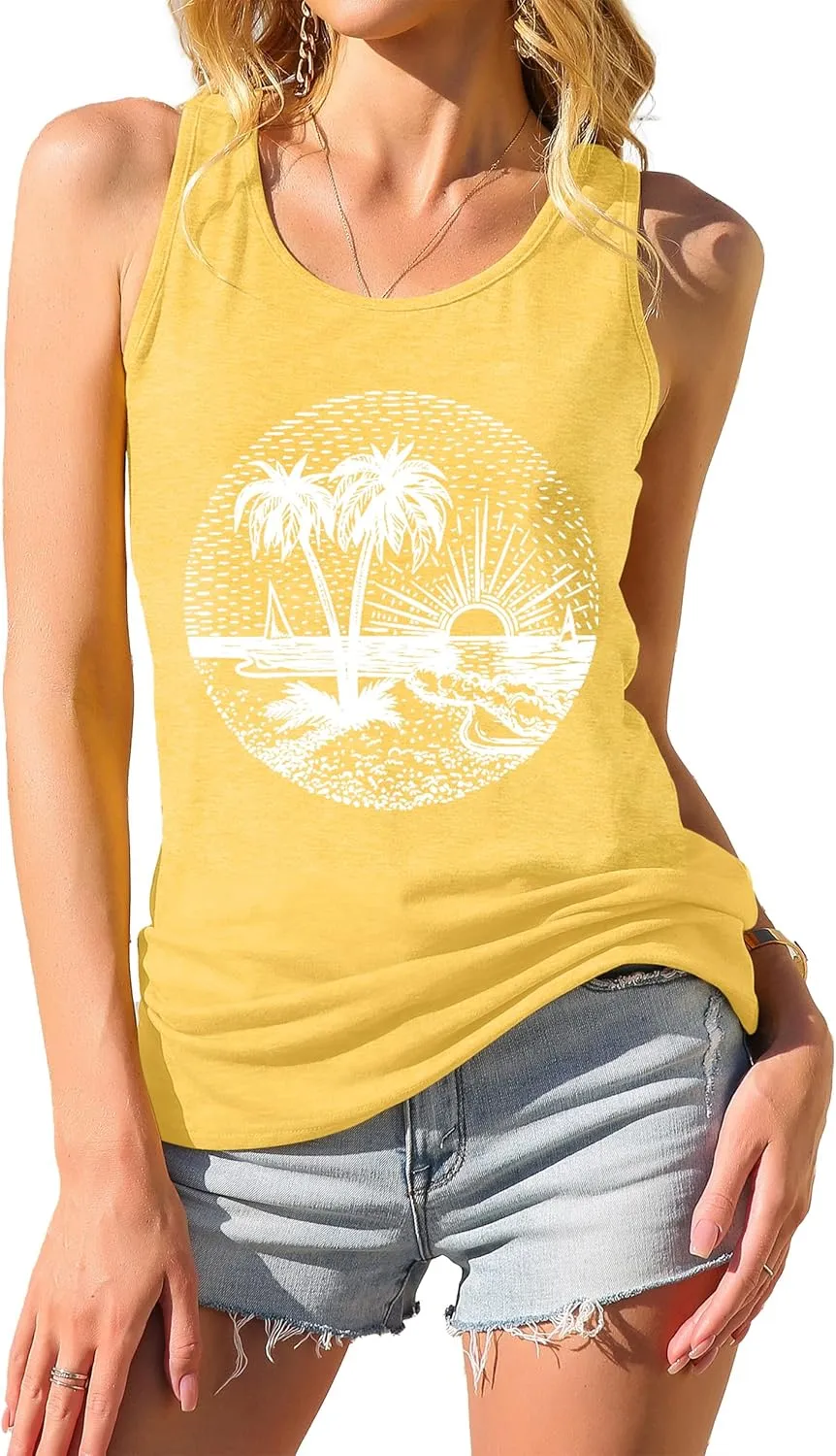 Summer Beach Tank Tops for Women Retro Sunshine Coconut Tree Graphic Sleeveless Tee Hawaiian Family Vacation Tops