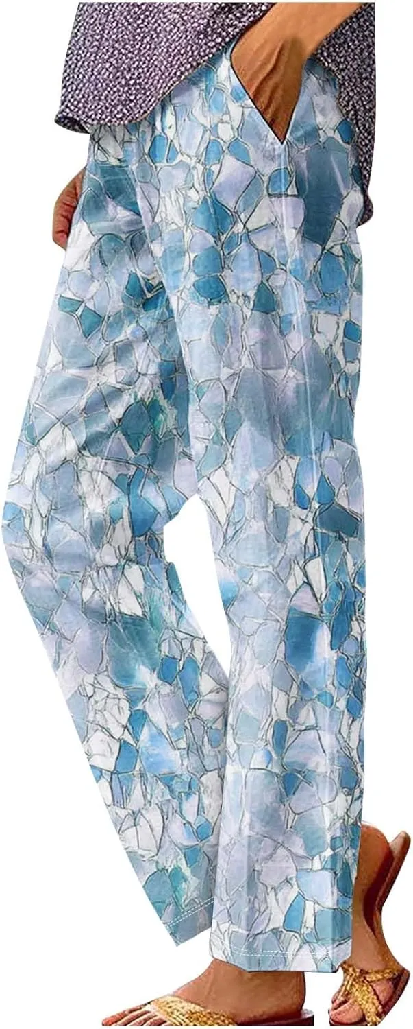 Summer Boho Cotton Linen Casual Pants for Women, Fashion Print Baggy Palazzo Pants Elastic Waist Pockets Trousers