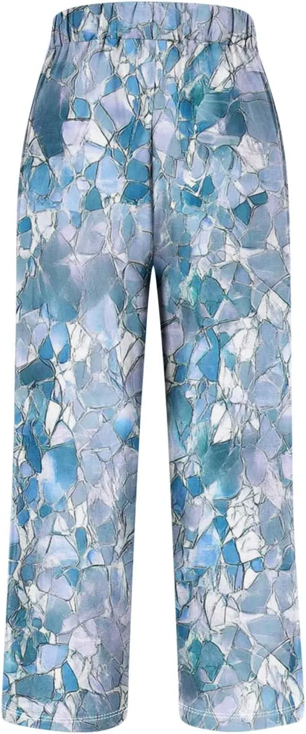 Summer Boho Cotton Linen Casual Pants for Women, Fashion Print Baggy Palazzo Pants Elastic Waist Pockets Trousers