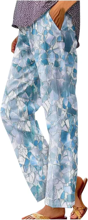 Summer Boho Cotton Linen Casual Pants for Women, Fashion Print Baggy Palazzo Pants Elastic Waist Pockets Trousers