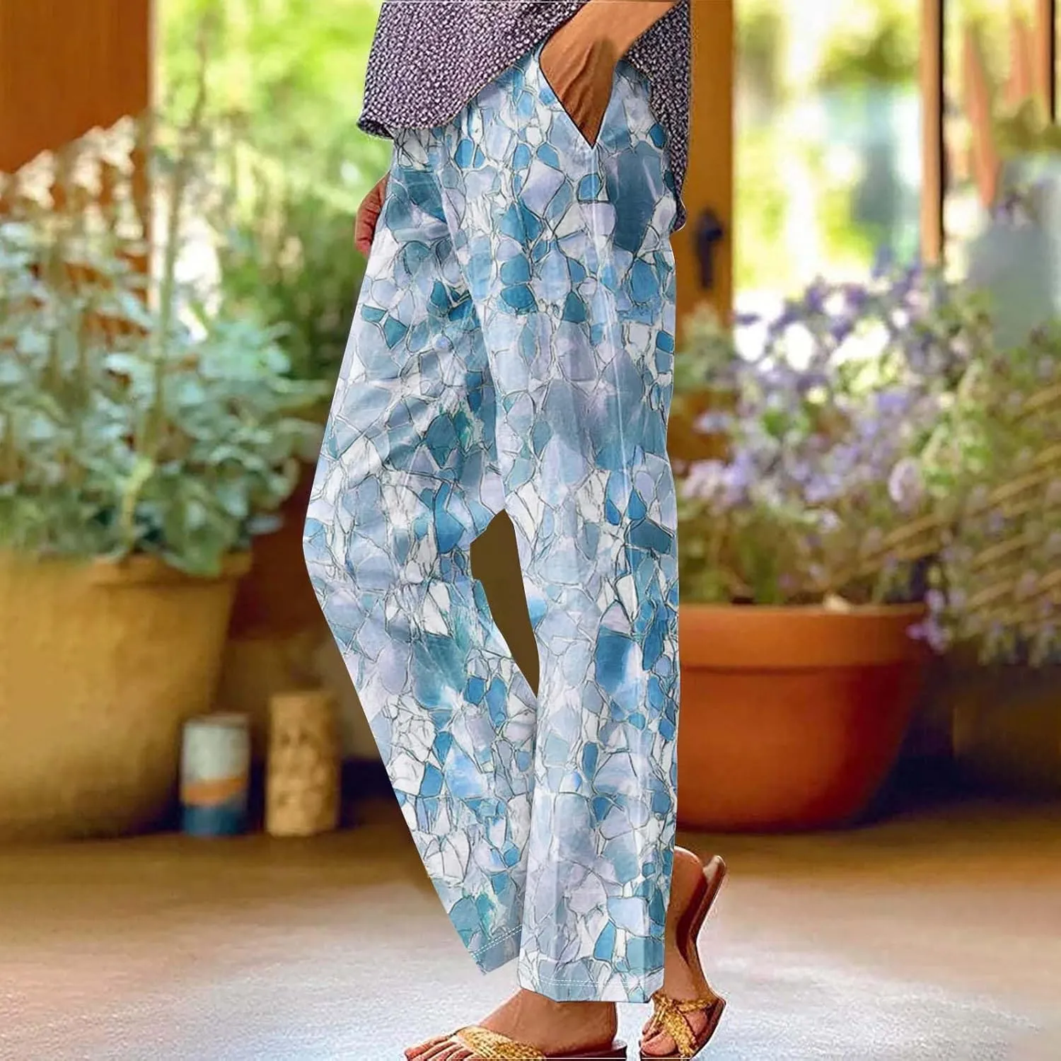 Summer Boho Cotton Linen Casual Pants for Women, Fashion Print Baggy Palazzo Pants Elastic Waist Pockets Trousers