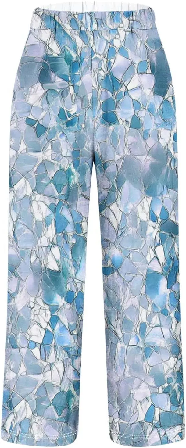 Summer Boho Cotton Linen Casual Pants for Women, Fashion Print Baggy Palazzo Pants Elastic Waist Pockets Trousers