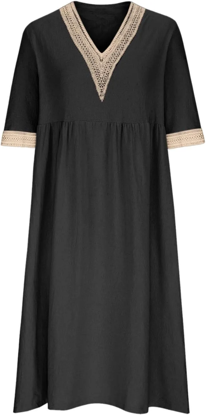 Summer Boho Floral Maxi Dress for Women Linen Beach Sundress with Pockets V-Neck Lace Trim Flowy Vacation Dress
