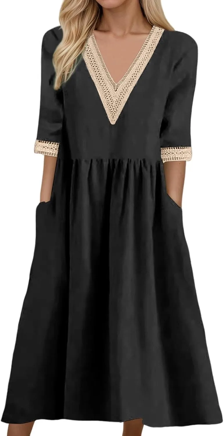 Summer Boho Floral Maxi Dress for Women Linen Beach Sundress with Pockets V-Neck Lace Trim Flowy Vacation Dress