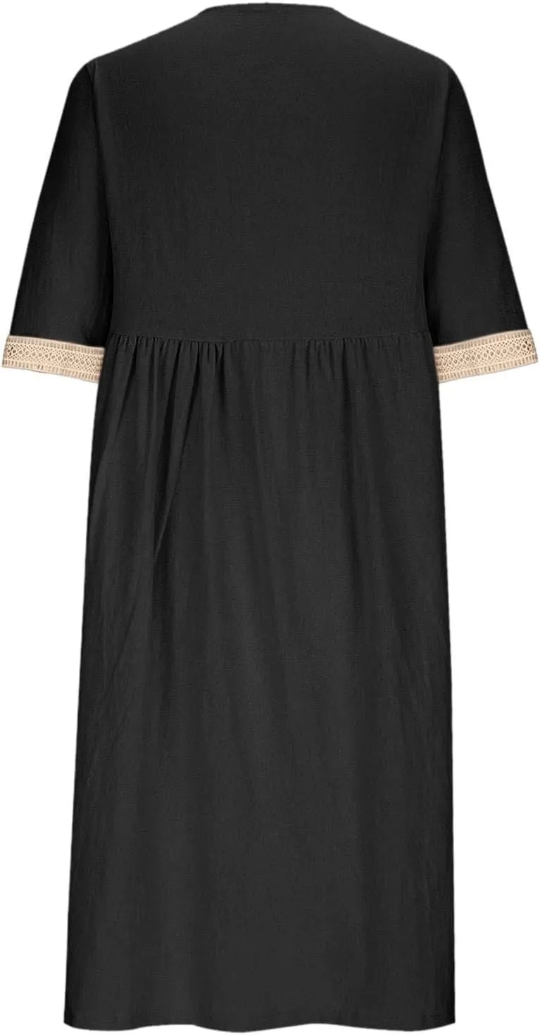 Summer Boho Floral Maxi Dress for Women Linen Beach Sundress with Pockets V-Neck Lace Trim Flowy Vacation Dress