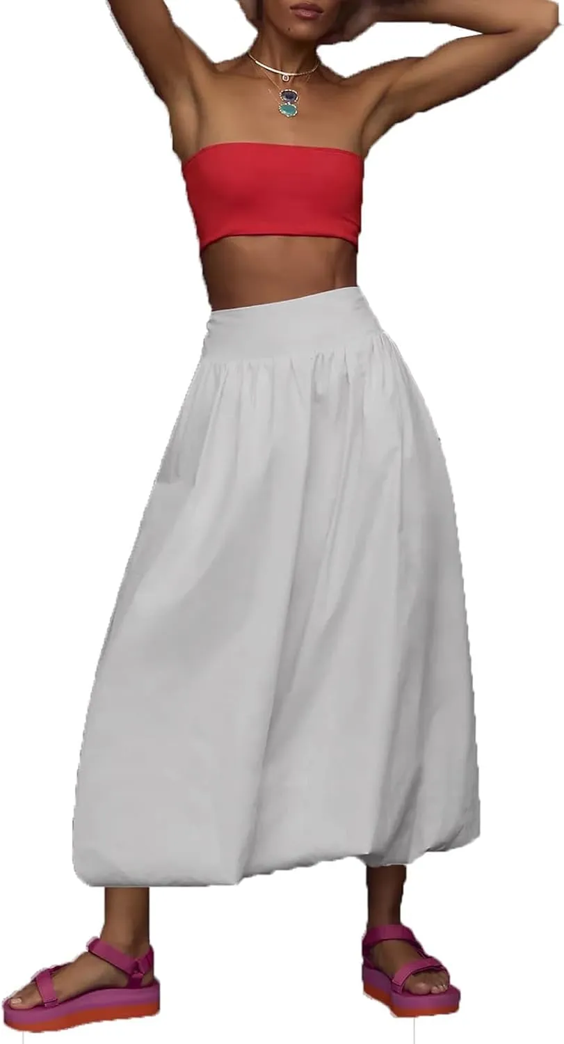 Summer Bubble Y2k Maxi Skirt for Women Casual Trendy Long Skirt Elastic Waist A Line Ruffle Maxi Skirt
