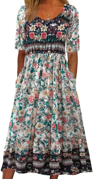 Summer Dresses for Women 2024 Casual Floral Short Sleeve A line Maxi Dress Boho Beach Vacation Sundress with Pockets