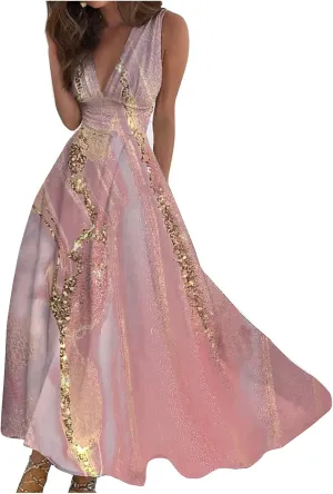 Summer Dresses for Women 2024 Womens Summer Wrap Maxi Dress Casual Boho Floral V Neck Sleeveless Beach Long Dresses