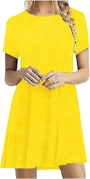 Summer Dresses for Women 2025,Women's Beach Casual Loose Tshirt Dresses Solid Color Short Sleeve Round Neck Sundress