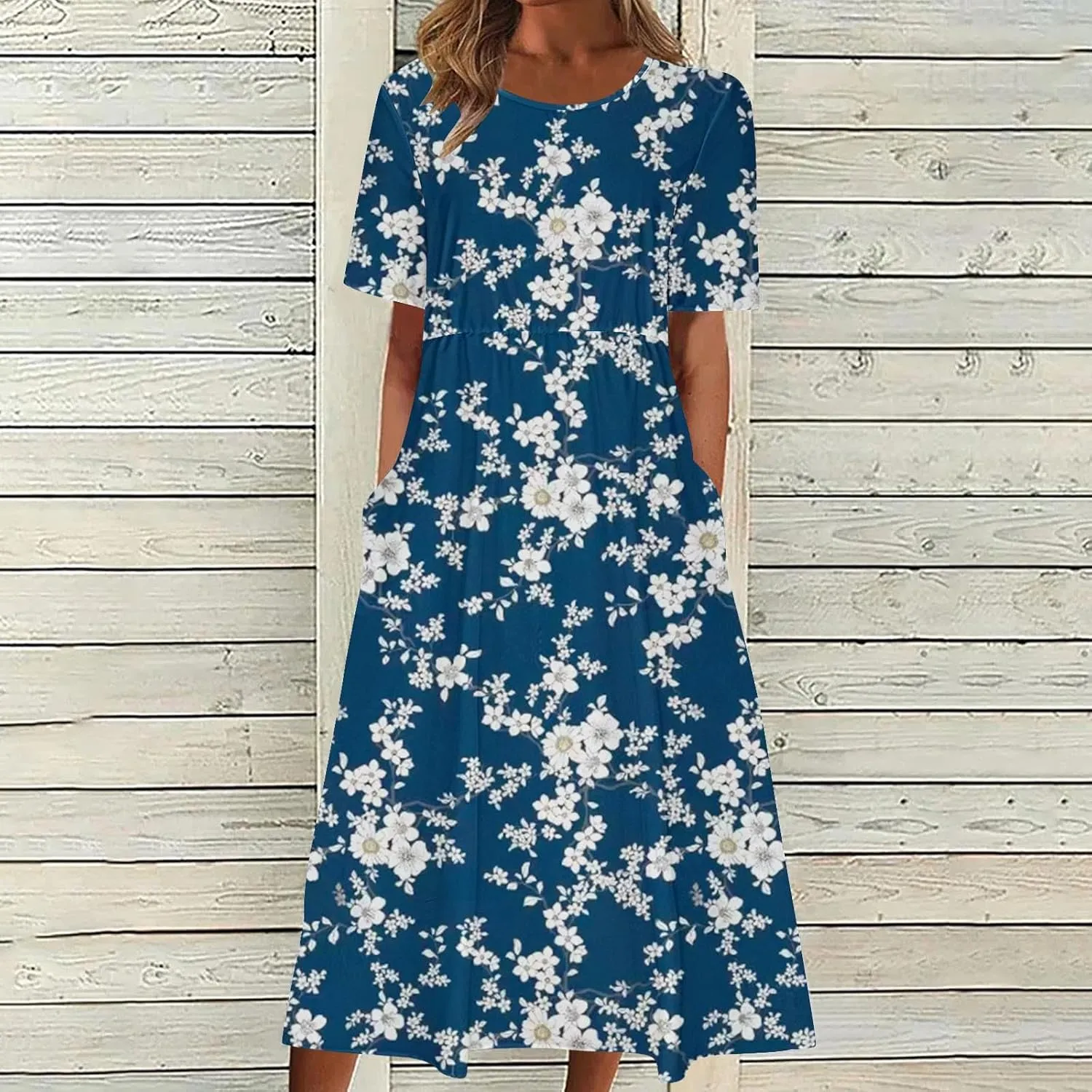 Summer Dresses for Women Short Sleeve A-Line Midi Dress Casual Floral T-Shirt Dress Flowy Beach Sundress with Pockets