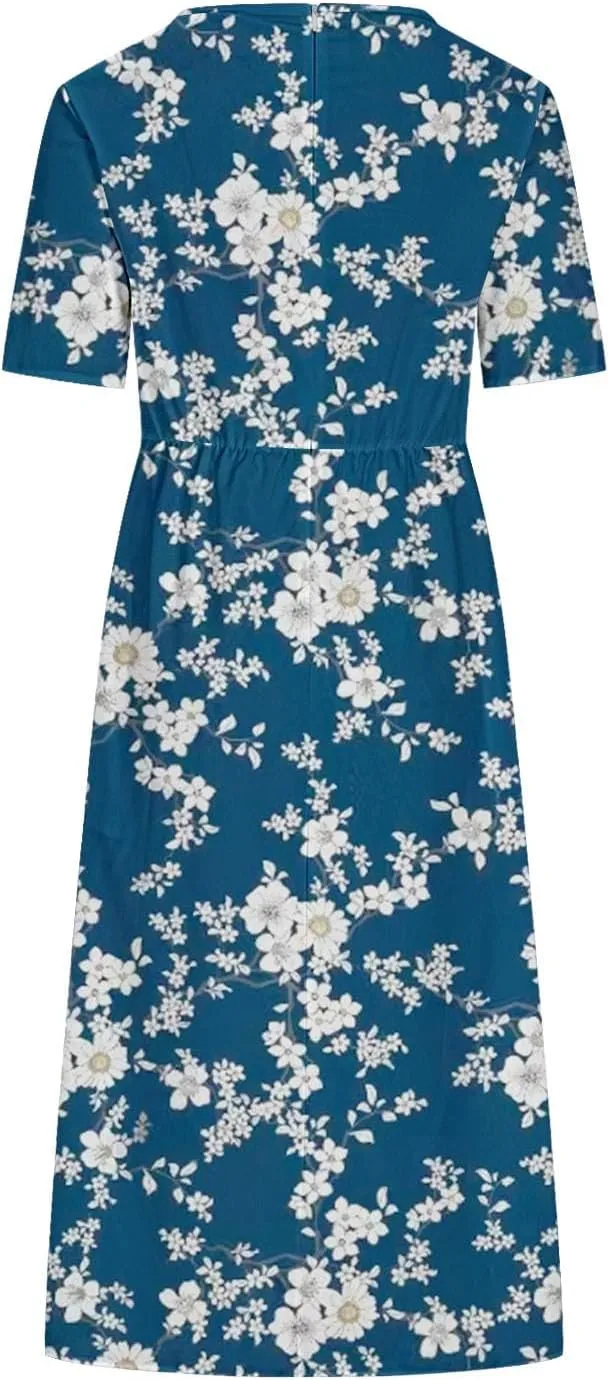 Summer Dresses for Women Short Sleeve A-Line Midi Dress Casual Floral T-Shirt Dress Flowy Beach Sundress with Pockets