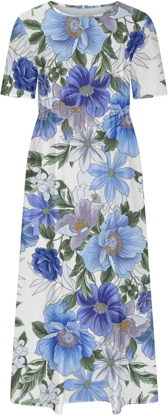 Summer Dresses for Women Short Sleeve A-Line Midi Dress Casual Floral T-Shirt Dress Flowy Beach Sundress with Pockets
