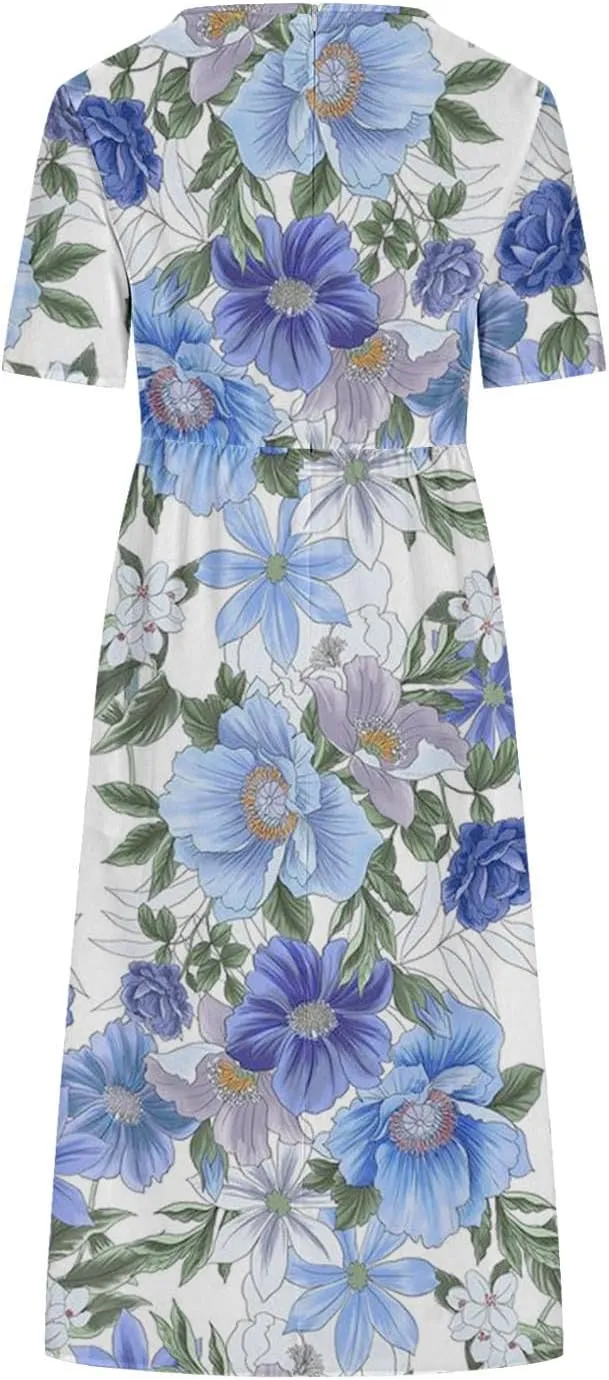 Summer Dresses for Women Short Sleeve A-Line Midi Dress Casual Floral T-Shirt Dress Flowy Beach Sundress with Pockets