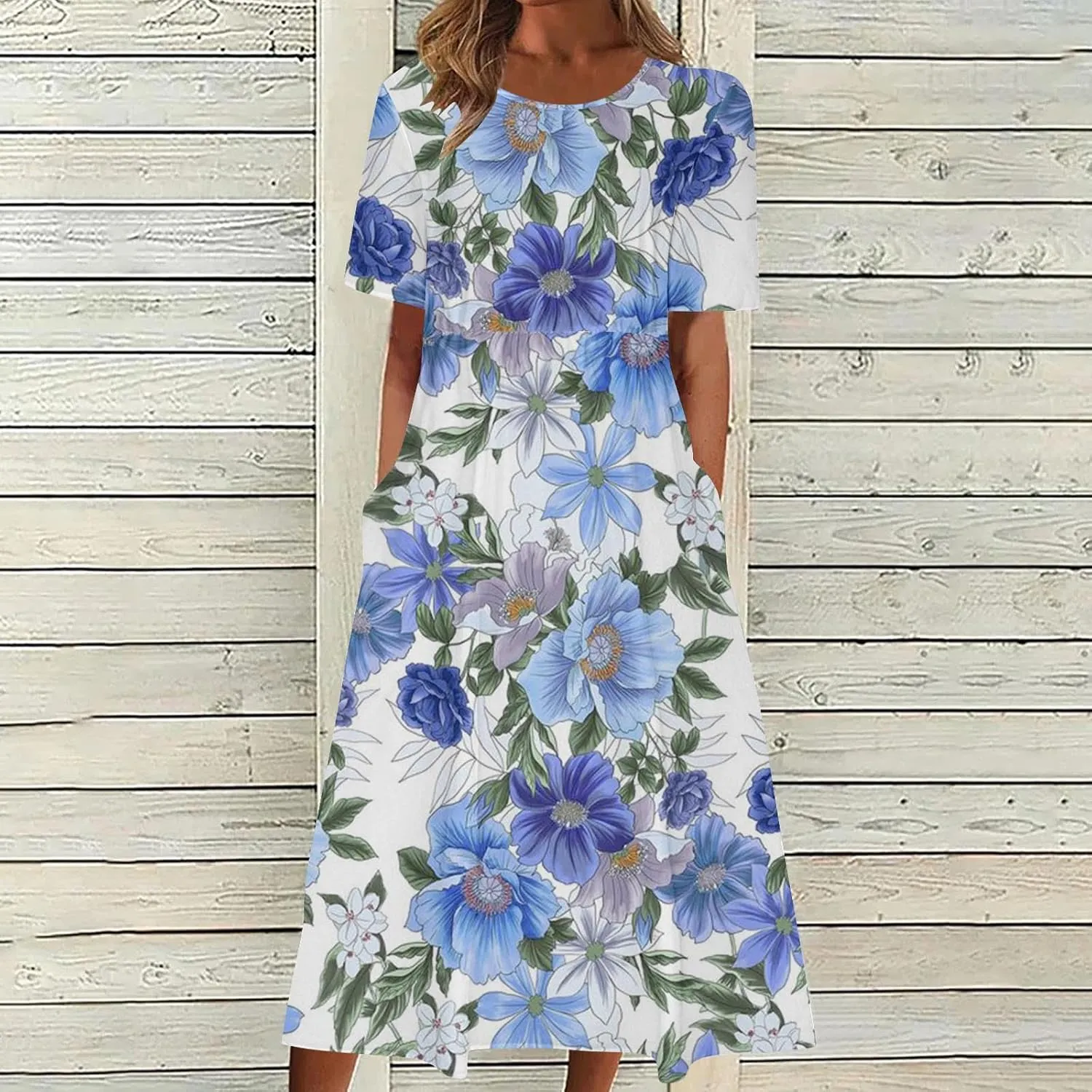 Summer Dresses for Women Short Sleeve A-Line Midi Dress Casual Floral T-Shirt Dress Flowy Beach Sundress with Pockets