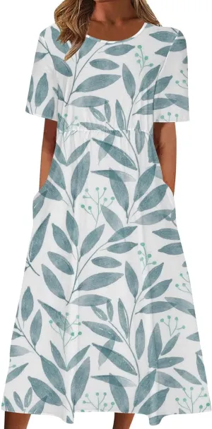 Summer Dresses for Women Short Sleeve A-Line Midi Dress Casual Floral T-Shirt Dress Flowy Beach Sundress with Pockets