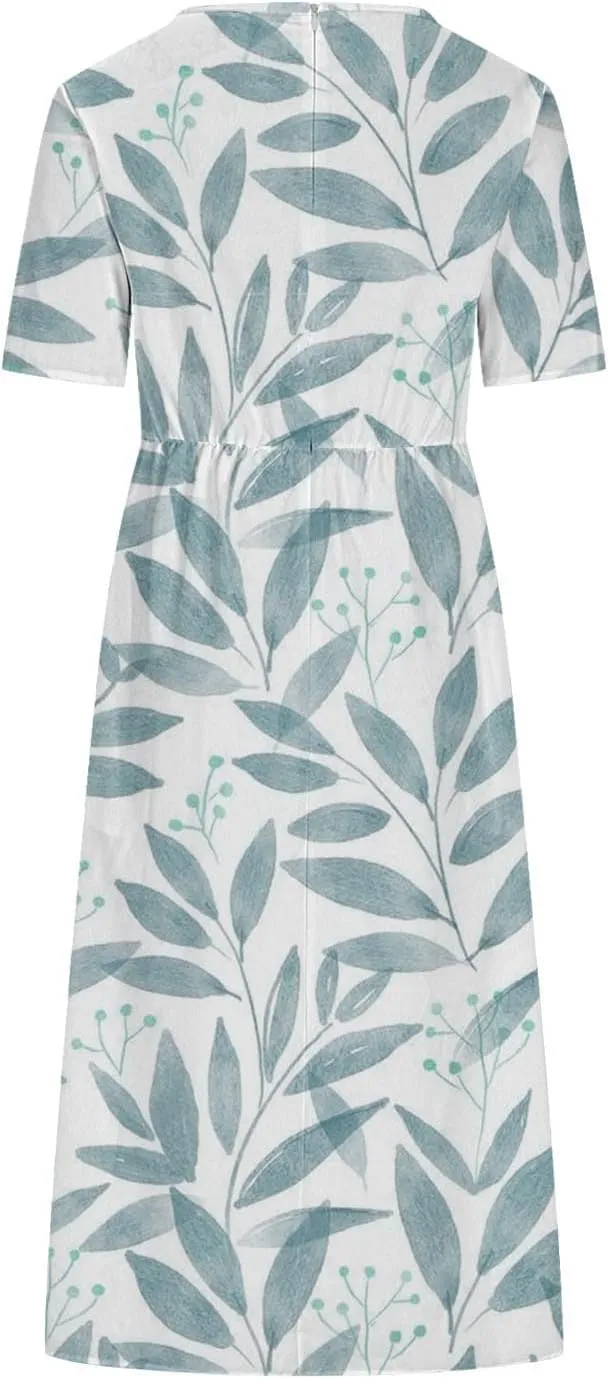 Summer Dresses for Women Short Sleeve A-Line Midi Dress Casual Floral T-Shirt Dress Flowy Beach Sundress with Pockets