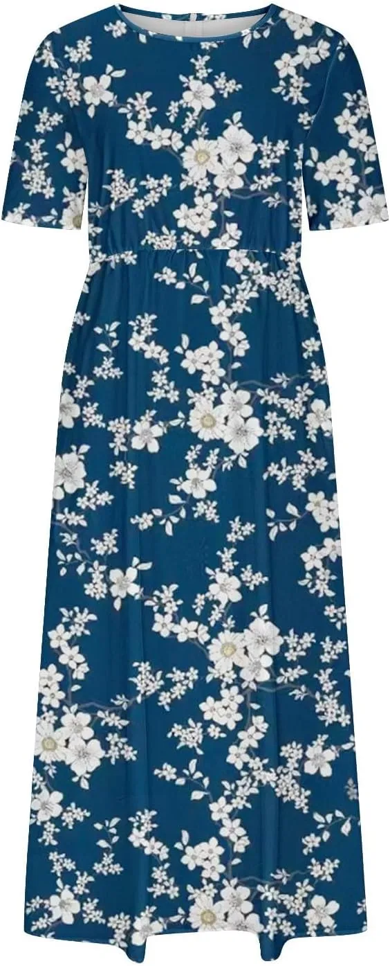 Summer Dresses for Women Short Sleeve A-Line Midi Dress Casual Floral T-Shirt Dress Flowy Beach Sundress with Pockets