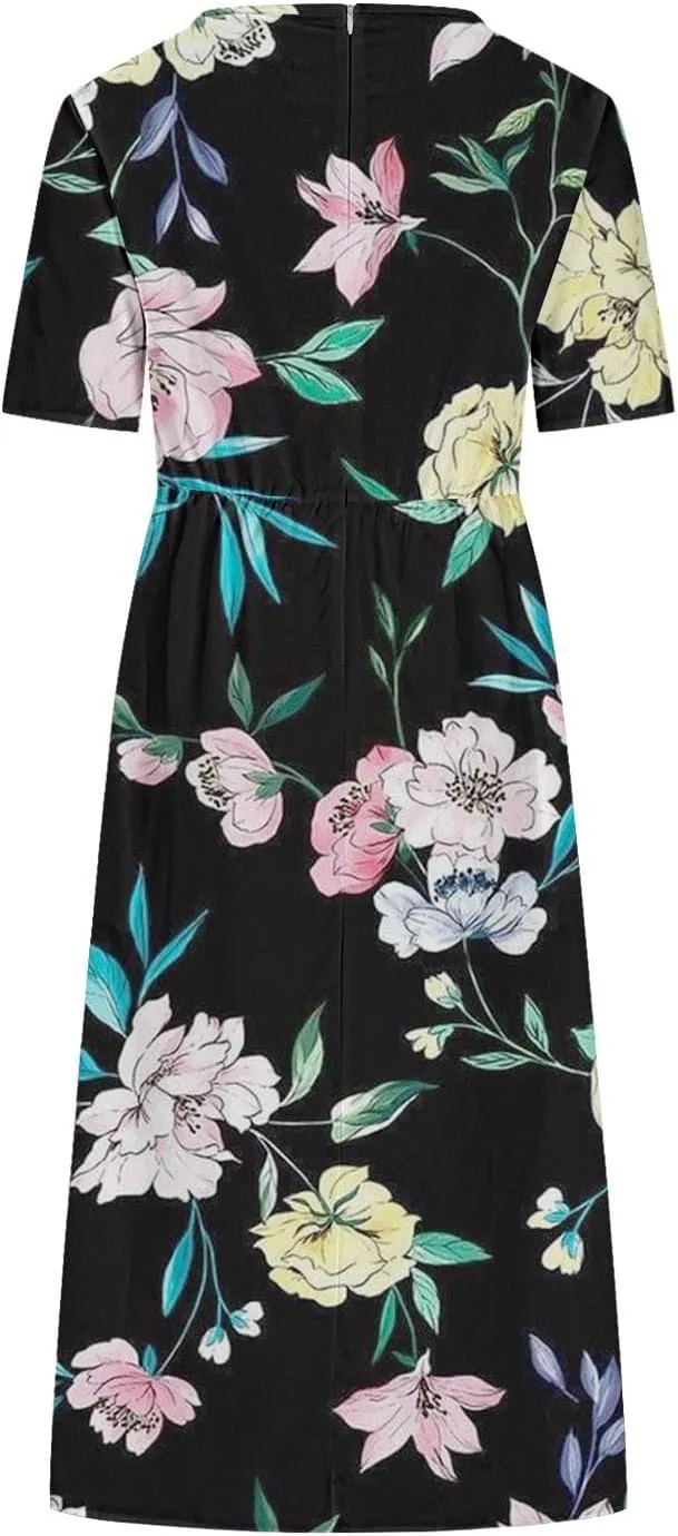 Summer Dresses for Women Short Sleeve A-Line Midi Dress Casual Floral T-Shirt Dress Flowy Beach Sundress with Pockets