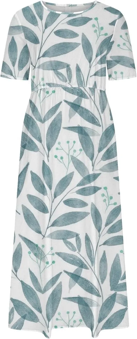 Summer Dresses for Women Short Sleeve A-Line Midi Dress Casual Floral T-Shirt Dress Flowy Beach Sundress with Pockets