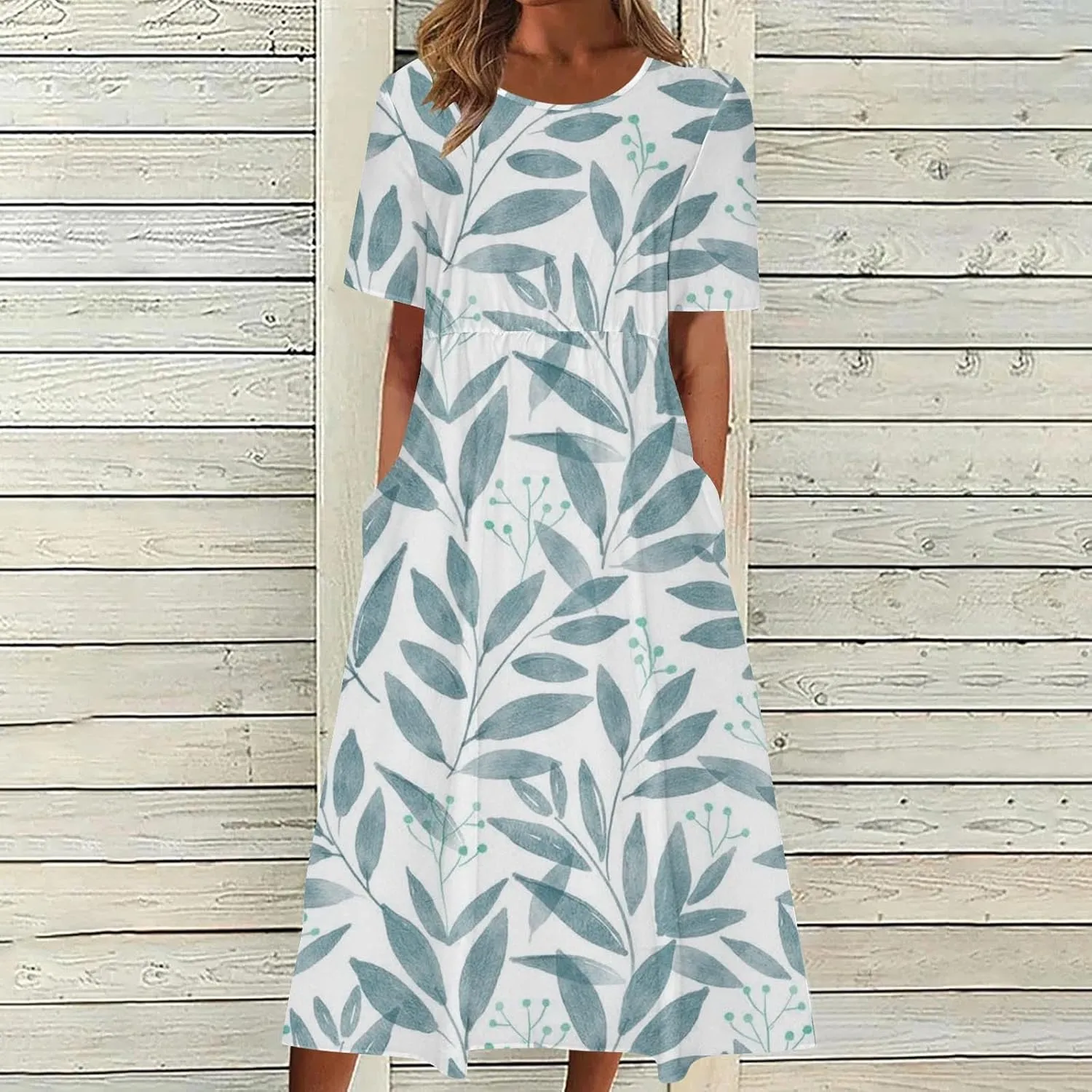 Summer Dresses for Women Short Sleeve A-Line Midi Dress Casual Floral T-Shirt Dress Flowy Beach Sundress with Pockets