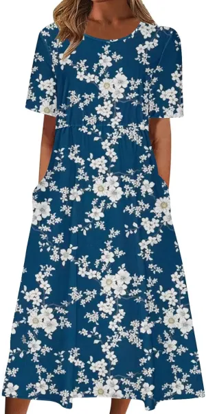 Summer Dresses for Women Short Sleeve A-Line Midi Dress Casual Floral T-Shirt Dress Flowy Beach Sundress with Pockets