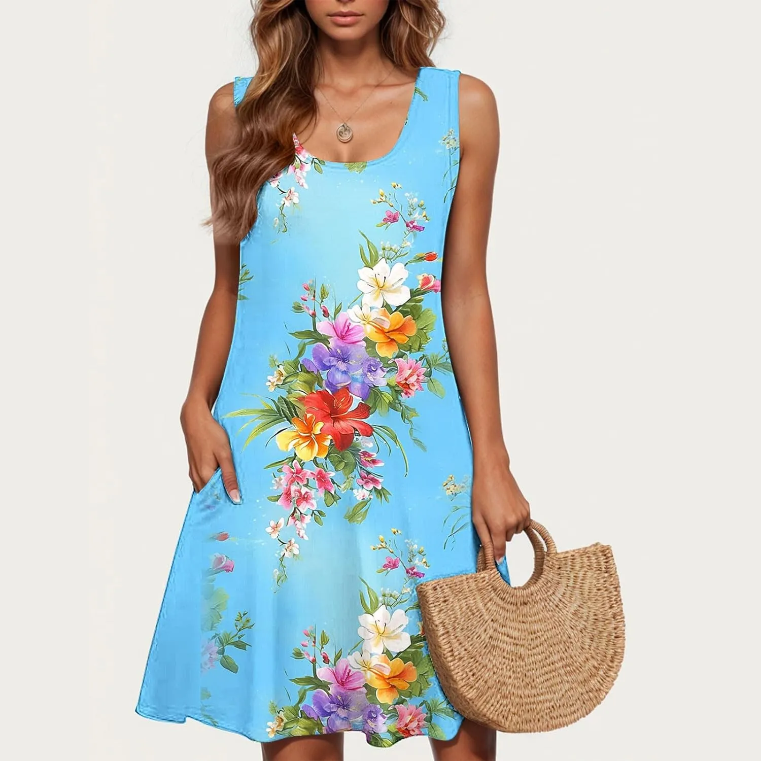Summer Dresses for Women Sleeveless Floral Beach Dress V Neck Ruffle Dress Holiday Dresses for Women