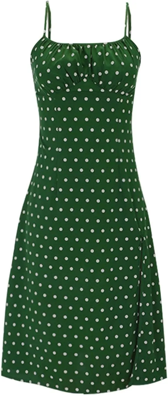 Summer Dresses for Women Spaghetti Strap Polka Dot Midi Dress 2025 Trendy Sexy Sleeveless Slit Beach Boho Sundresses