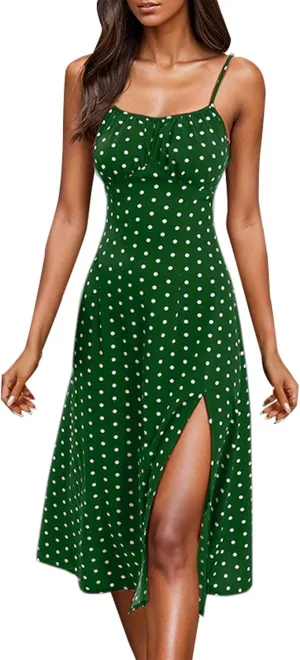 Summer Dresses for Women Spaghetti Strap Polka Dot Midi Dress 2025 Trendy Sexy Sleeveless Slit Beach Boho Sundresses
