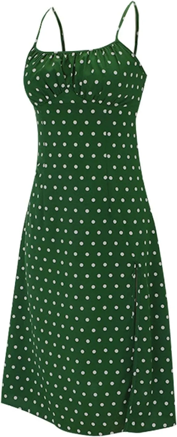 Summer Dresses for Women Spaghetti Strap Polka Dot Midi Dress 2025 Trendy Sexy Sleeveless Slit Beach Boho Sundresses