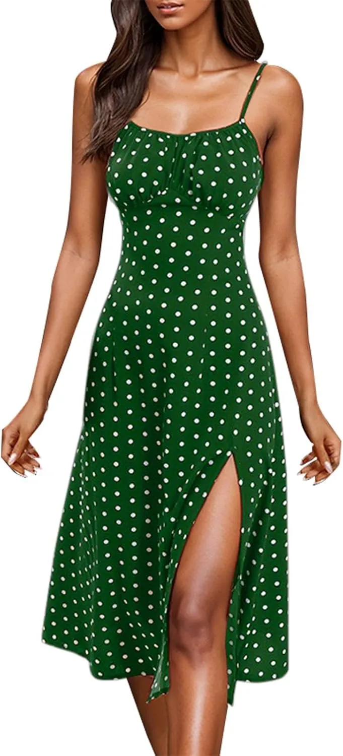 Summer Dresses for Women Spaghetti Strap Polka Dot Midi Dress 2025 Trendy Sexy Sleeveless Slit Beach Boho Sundresses