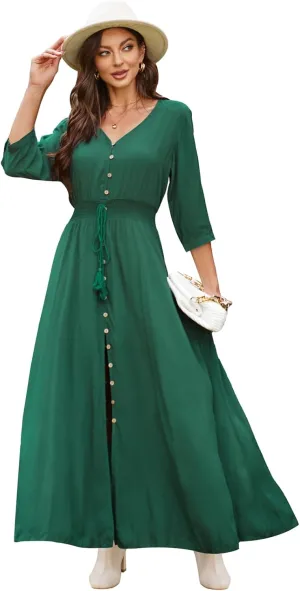Summer Floral Print Maxi Dress Women Button Up Split Long Flowy Bohemian Beach Party Dresses