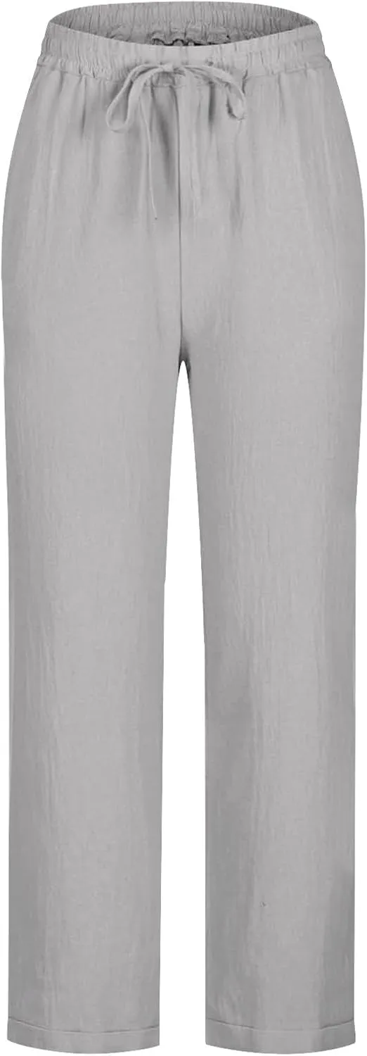 Summer Linen Pants for Women Wide Leg High Waisted Pant Drawstring Lounge Pants Beach Trouser with Pockets