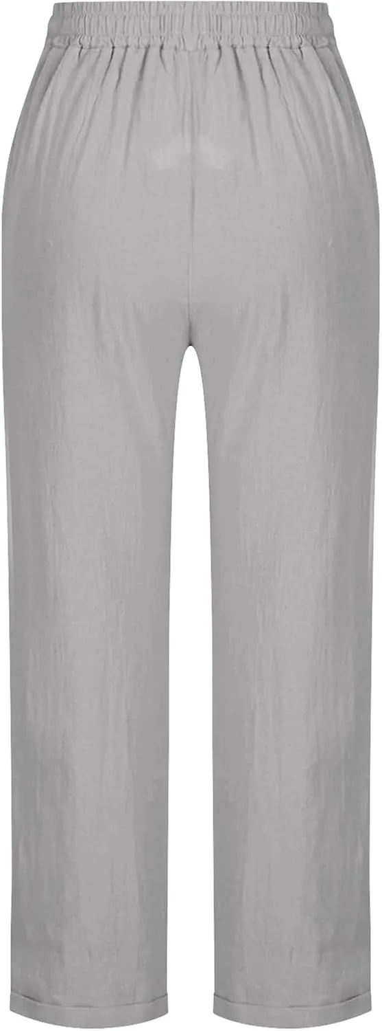 Summer Linen Pants for Women Wide Leg High Waisted Pant Drawstring Lounge Pants Beach Trouser with Pockets
