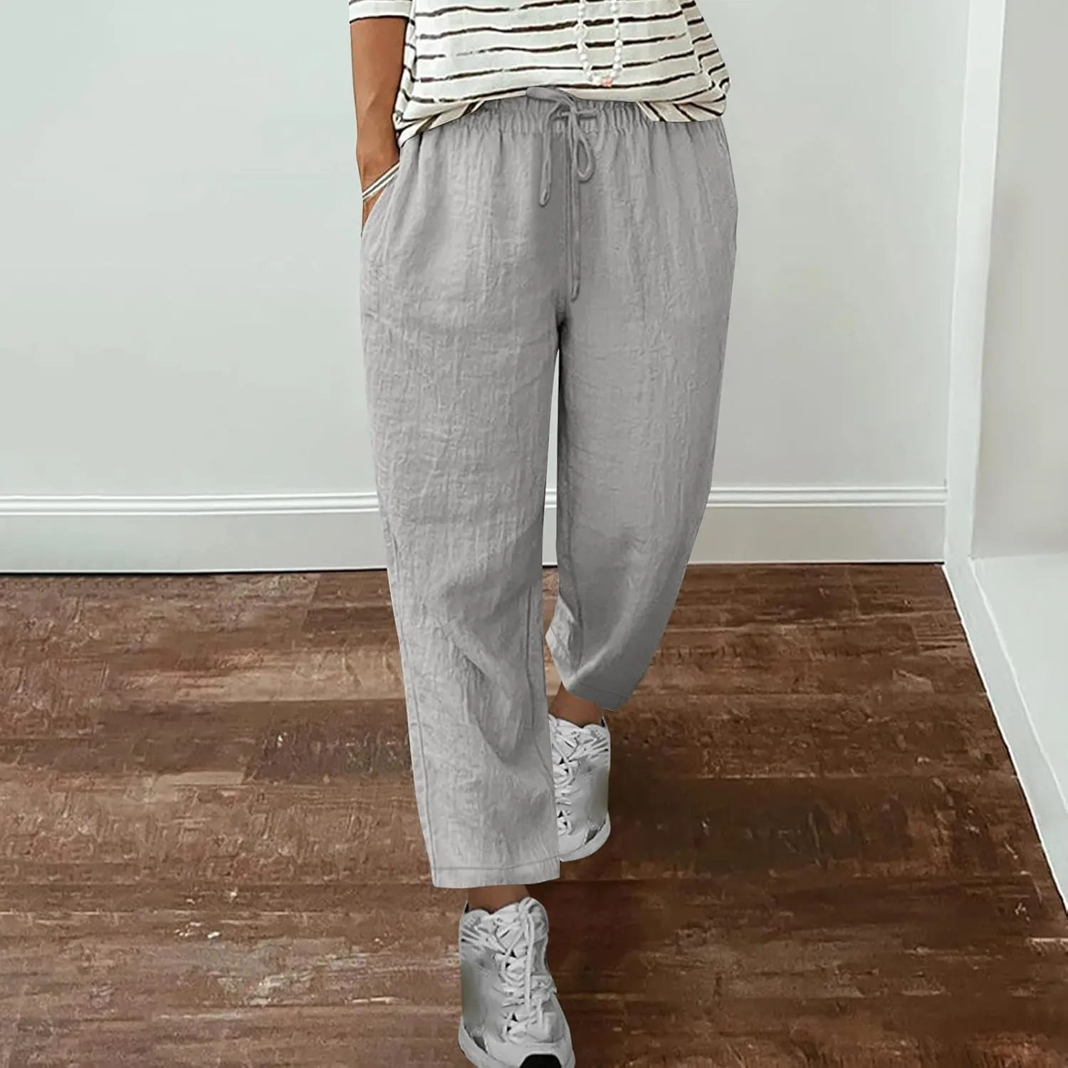 Summer Linen Pants for Women Wide Leg High Waisted Pant Drawstring Lounge Pants Beach Trouser with Pockets