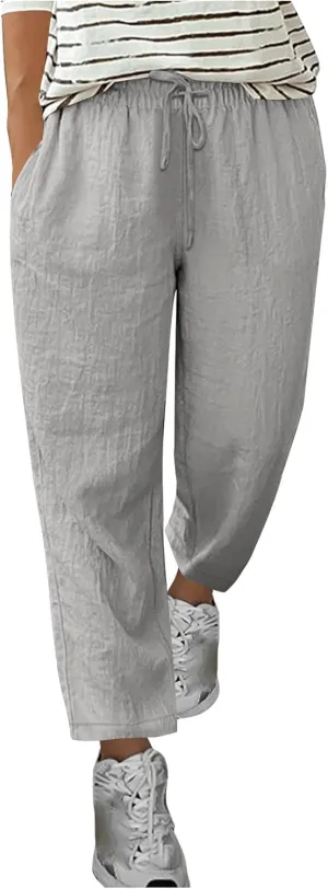 Summer Linen Pants for Women Wide Leg High Waisted Pant Drawstring Lounge Pants Beach Trouser with Pockets