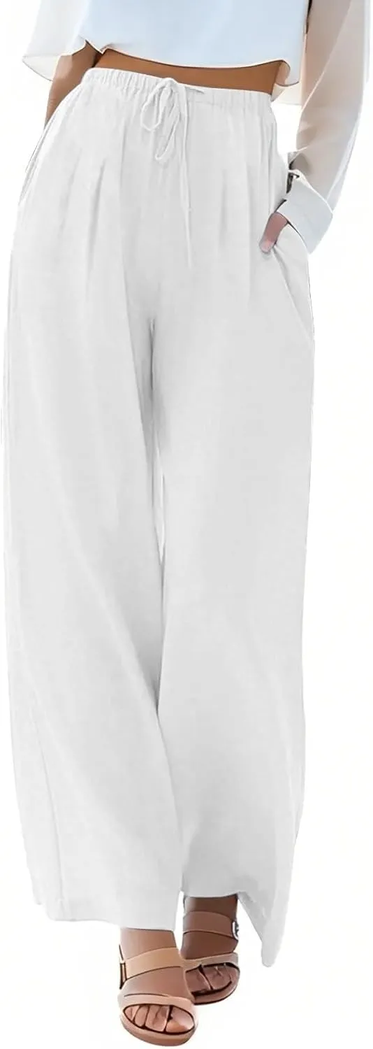 Summer Linen Pants Women Casual Drawstring Elastic Waist Palazzo Pants Flowy Boho Wide Leg Beach Trousers with Pockets