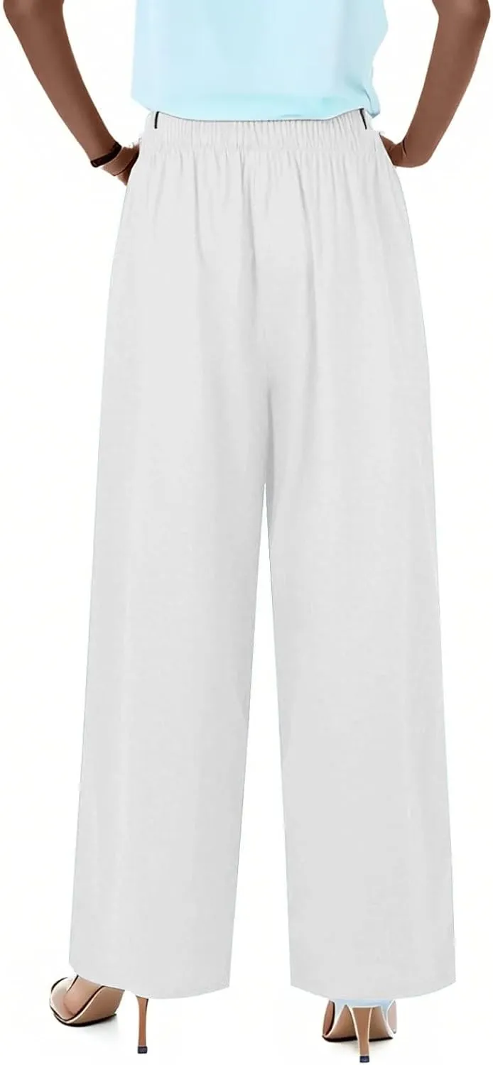 Summer Linen Pants Women Casual Drawstring Elastic Waist Palazzo Pants Flowy Boho Wide Leg Beach Trousers with Pockets