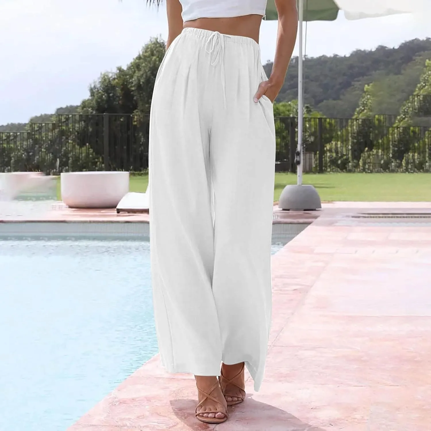 Summer Linen Pants Women Casual Drawstring Elastic Waist Palazzo Pants Flowy Boho Wide Leg Beach Trousers with Pockets
