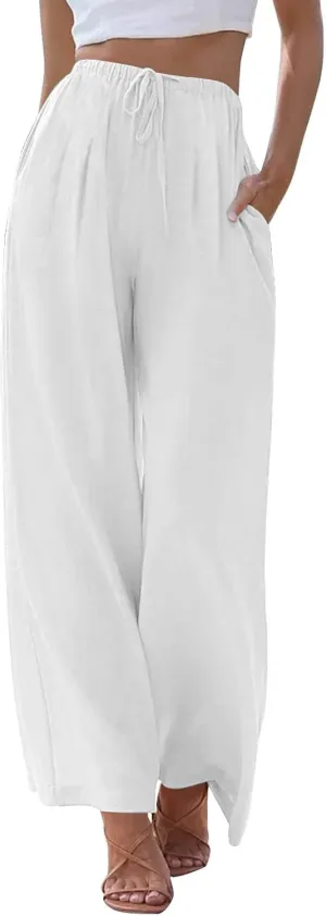 Summer Linen Pants Women Casual Drawstring Elastic Waist Palazzo Pants Flowy Boho Wide Leg Beach Trousers with Pockets