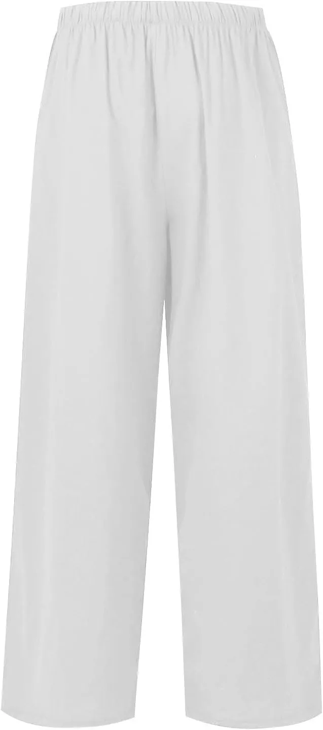 Summer Linen Pants Women Casual Drawstring Elastic Waist Palazzo Pants Flowy Boho Wide Leg Beach Trousers with Pockets