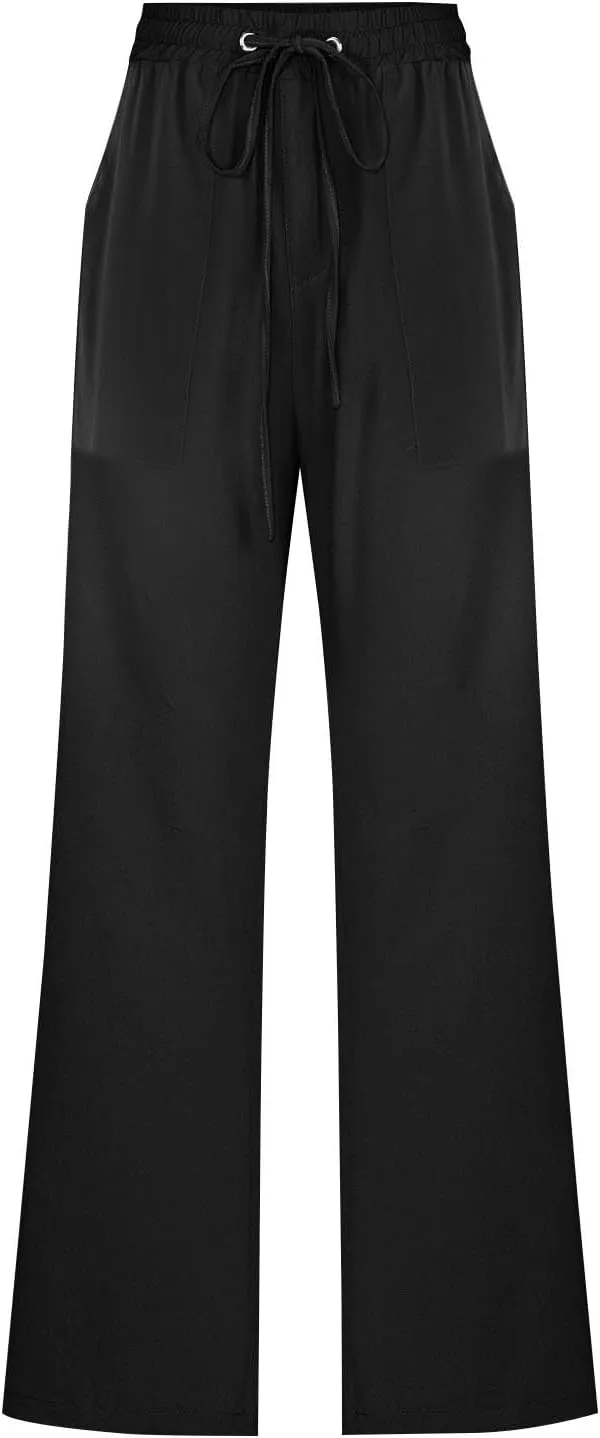 Summer Pants for Women 2025 Casual Drawstring High Waisted Palazzo Lounge Pants Beach Wide Leg Trousers with Pockets