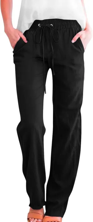 Summer Pants for Women 2025 Casual Drawstring High Waisted Palazzo Lounge Pants Beach Wide Leg Trousers with Pockets